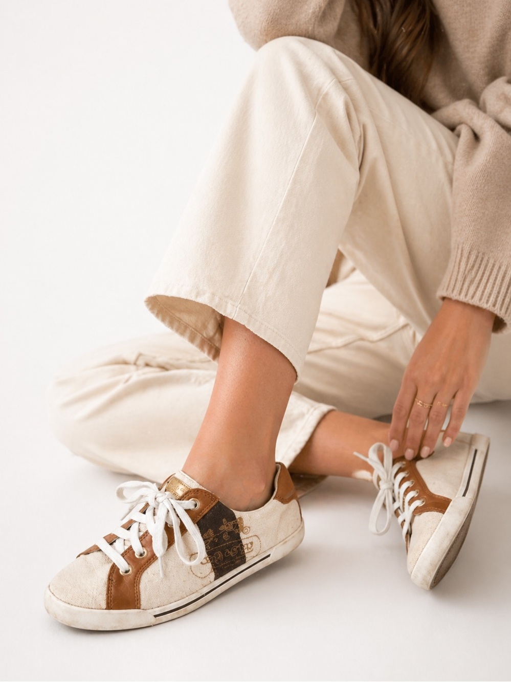 Coach White Canvas and Brown Leather Accent Sneakers